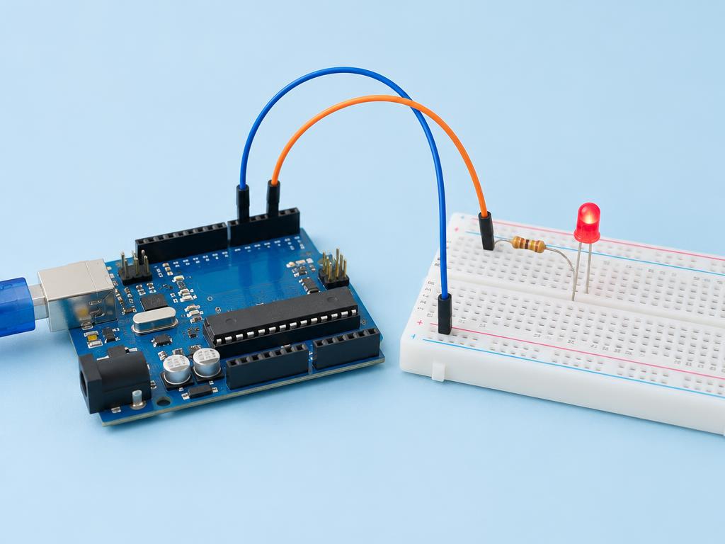 Arduino board wired to a red LED on a breadboard